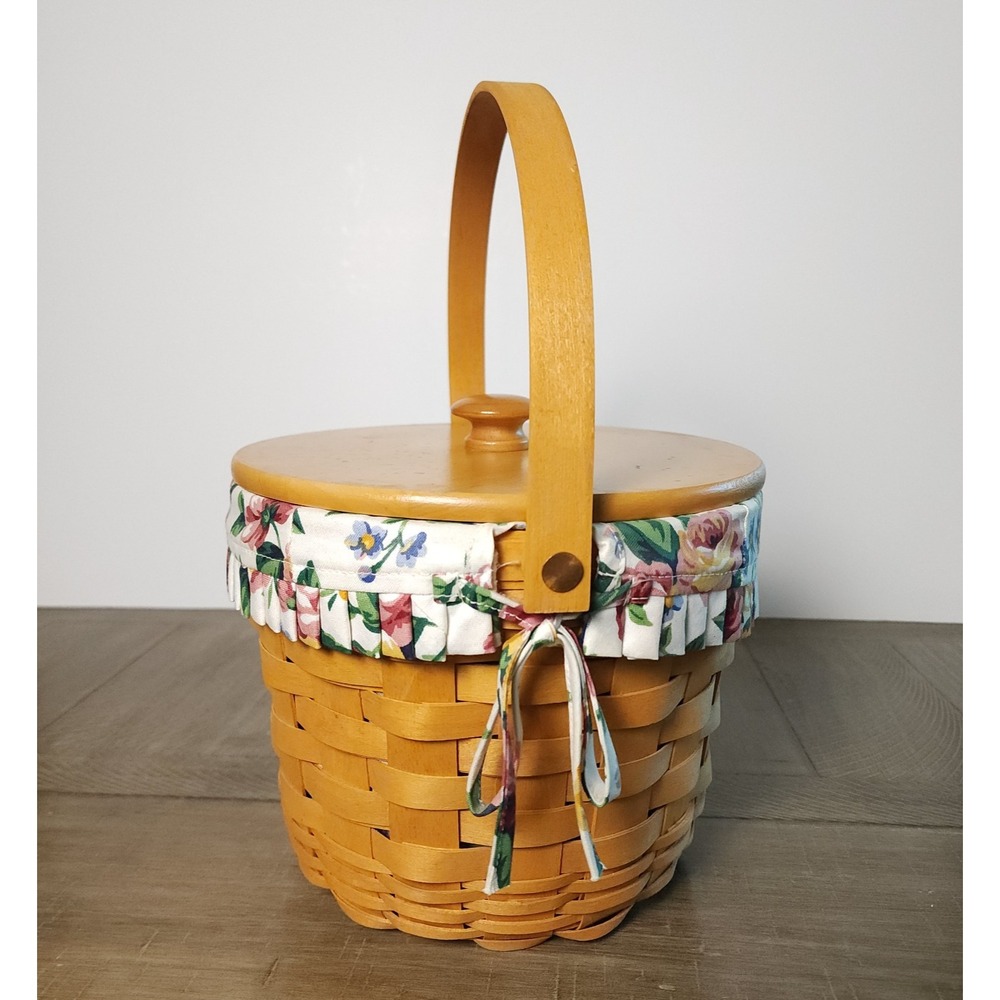 Longaberger Round Medium Fruit Basket with Lid and Liner Swing Handle